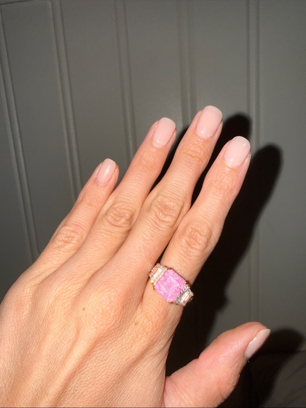 Pink Cushion-Cut Cocktail Ring with Side Accents